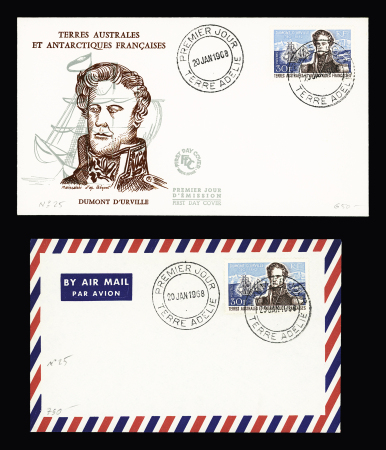 4 lettres dont 3 FDC AFF TAAF n°25, 30F Dumont d'Urville (cote 100€ chaque) OBL premier jour Terre Adélie. TB