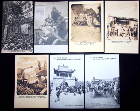 Automobile : 80 cartes postales du raid Pékin - Paris 1907 sur De Dion Bouton (Cormier et Collignon) et prince italien Scipion Borghese. TB