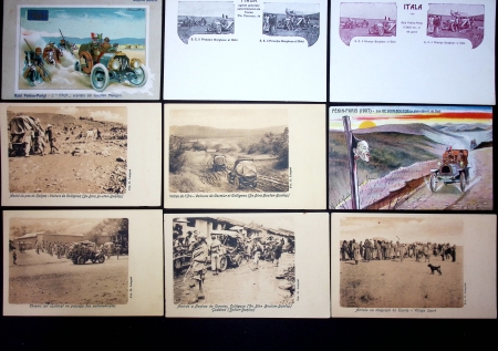 Automobile : 80 cartes postales du raid Pékin - Paris 1907 sur De Dion Bouton (Cormier et Collignon) et prince italien Scipion Borghese. TB