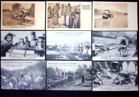 Automobile : 80 cartes postales du raid Pékin - Paris 1907 sur De Dion Bouton (Cormier et Collignon) et prince italien Scipion Borghese. TB