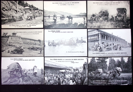 Automobile : 80 cartes postales du raid Pékin - Paris 1907 sur De Dion Bouton (Cormier et Collignon) et prince italien Scipion Borghese. TB