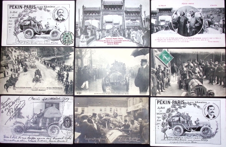 Automobile : 80 cartes postales du raid Pékin - Paris 1907 sur De Dion Bouton (Cormier et Collignon) et prince italien Scipion Borghese. TB
