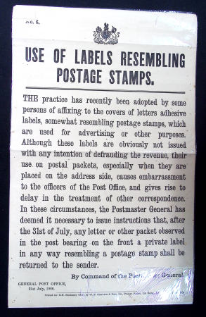 1908 Poster "USE OF LABELS RESEMBLING POSTAGE STAMPS"