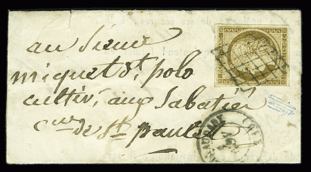 N°1 10c bistre-jaune, marges équilibrées, OBL grille + T15 "Castelnaudary (10)" Aude sur lettre 1851. TB. Cote 750€