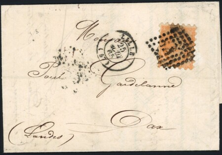 N°16, 40c orange, piquage Susse OBL PC + T15 Lille (1865) sur lettre pour Dax. TB. Cote 600€.  