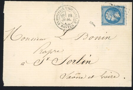 N°22, 20c bleu, OBL losange de points "EU" + CAD "exposition universelle postes" (1867) sur lettre, signé A.Brun. TB.  