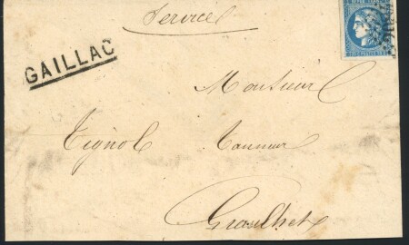 N°46 OBL GC sur lettre pour Graulhet avec mention manuscrite "Service" + griffe de gare "Gaillac". TB.  