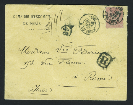 N°81, 75c rose, OBL CAD "Paris R. Ste Cécile" (1889) seul sur lettre de banque recommandée pour Rome. TB, cote 600€.  