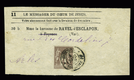 N°88, 4c lilas-brun, OBL CAD "imprimés Toulouse PP" (1889) sur bande de la revue "Le messager du Cœur de Jésus" pour Arles. TB