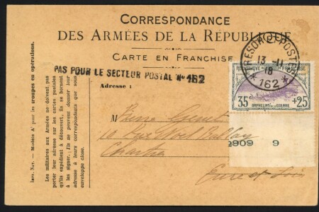 N°152, 35c + 25c ardoise et violet Orphelins, BDF, OBL CAD "trésor et postes 162" (13.11.18) sur carte postale FM avec griffe "pas pour le secteur postal n°162". TB.  