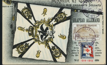 N°153, 50c + 50c brun clair Orphelins OBL Versailles (1919) sur carte postale patriotique avec vignette Croix-Rouge. TB.  