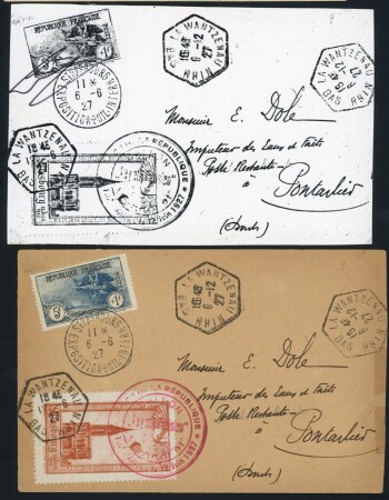 N°232, 5F + 1F noir et bleu Orphelins OBL CAD "Strasbourg exposition phil. Inern" (1927) sur lettre avec vignette bistre par ballon et CAD hex d'atterrissage "La Wantzenau Bas-Rhin" (1927). Certificat Cérès. TB.  