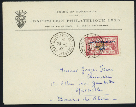 N°182, 1F Congrès de Bordeaux OBL CAD "Exposition philatélique Bordeaux (20.6.23) sur lettre à en-tête de l'exposition. TB. Cote du timbre 650€.  