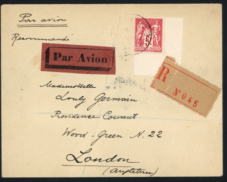N°216, 5F Sage Carmin OBL de l'expo de Paris (1925) seul sur lettre recommandée par avion pour Londres. TB.  
