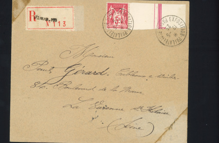 N°216, 5F Sage carmin BDF OBL CAD "Exposition philatélique Paris" (1925) seul sur lettre recommandée. TB
