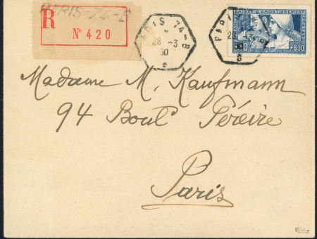 N°252, 1F50 + 8F50 Le Travail OBL hexagonale "Paris 74 B-B" (1930) seul sur lettre recommandée, signé Calves. TB. Cote 325€