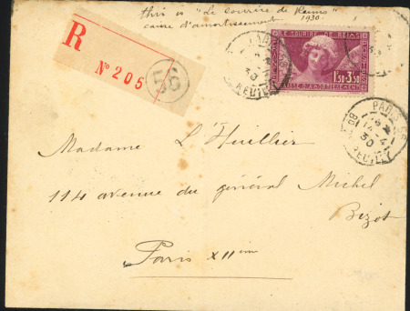 N°256, 1F50 + 3F50 Sourire de Reims OBL "Paris 56 Bd de Reuilly" (1930) seul sur lettre recommandée. TB. Cote 230€.  