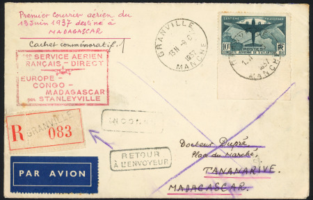 N°321, 10F Atlantique sud, OBL CAD horoplan "Granville Manche" (1937) sur lettre recommandée avion pour Tananarive avec cachet rect rouge "1er service aérien français direct Europe-Congo-Madagascar par Stanleyville" 