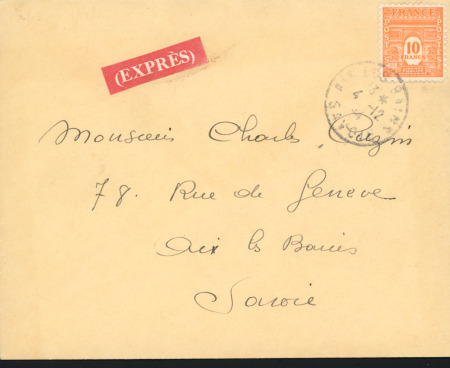 N°629, 10F Arc de Triomphe orange OBL CAD "Aix les Bains Savoie" (4.12.44) seul sur lettre avec étiquette rouge (exprès)". TB.  