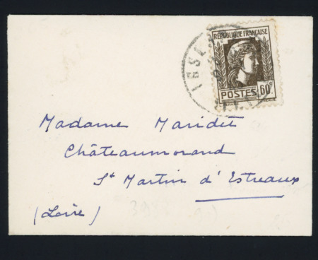 N°634, 60c sépia seul sur une petite lettre tarif "mignonette" (1945). TB. Cote 230€.  