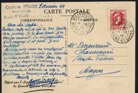 N°638, 1F20 rouge carminé OBL Villevèque Maine et Loire" (8.12.44) seul sur carte postale. TB. Cote 185€