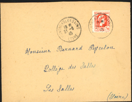 N°641, 2F40 vermillon, OBL Montrond les Bains Loire (21.6.45) sur lettre pour la France (pas au tarif mais jolie pièce d'attente). TB.  