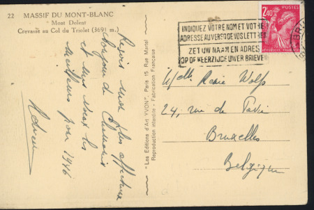 N°654, 2F40 Iris rose carminé OBL mécanique belge de Bruxelles seul sur carte postale pour la Belgique. TB.  