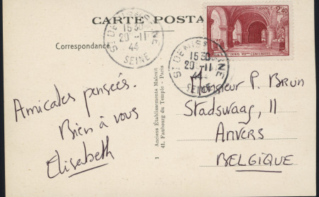 N°661, 2F40 Saint-Denis OBL concordante "St Denis" (20.11.44) seul sur carte postale pour la Belgique. TB.  