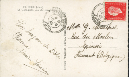 N°693, 2F40 rouge Dulac, OBL CAD perlé "Meuglans Jura" (15.8.45) seul sur carte postale pour la Belgique. TB.  