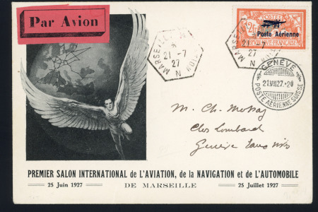 PA n°1, 2F Merson OBL hex "Marseille N aviation N" (21.7.27) sur env. illustrée du Salon de l'aviation pour Genève avec arrivée au recto. TB