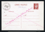 Entier CP 1F20 Pétain brun-rouge avec surcharge ronde "Surtaxe perçue 3F50 Auxerre RP" neuve (Storch - Françon - Sinais Pet D 3 C) avec annulation croix à la plume rouge et mention manuscrite "taxe postale et surtaxe