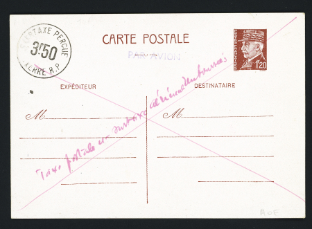 Entier CP 1F20 Pétain brun-rouge avec surcharge ronde "Surtaxe perçue 3F50 Auxerre RP" neuve (Storch - Françon - Sinais Pet D 3 C) avec annulation croix à la plume rouge et mention manuscrite "taxe postale et surtaxe