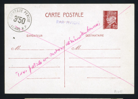 Entier CP 1F20 Pétain brun-rouge avec surcharge ronde "Surtaxe perçue 3F50 Auxerre RP" neuve (Storch - Françon - Sinais Pet D 3 C) avec annulation croix à la plume rouge et mention manuscrite "taxe postale et surtaxe