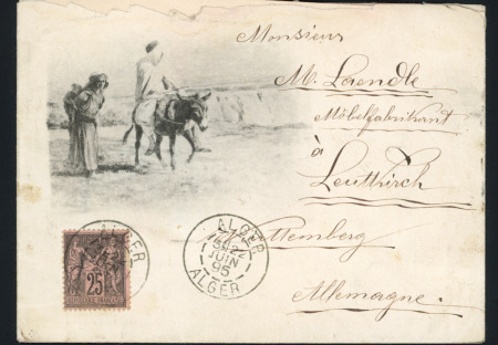 France n°97 OBL CAD "Alger Alger" (1897) sur enveloppe illustrée (indigène sur un âne et femme portant une jarre) + carton assorti (arabe sur un âne). TB.  