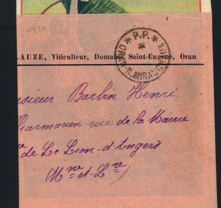 Bande à en-tête "Sénéclauze, viticulteur, domaine Saint-Eugène, Oran" avec CAD 1 cercle sans bloc dateur "PP Oran - R.Mirauchaux" contenant un dépliant publicitaire en couleurs. TB.  