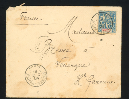 N°8 OBL CAD "Sumpi Soudan Français" (1904) répété à côté sur lettre. Rare et TB.  