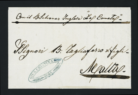 Lettre non affranchie pour Malte (1859) avec mention manuscrite "Con il schoner inglese La Cometa" et cachet ovale bleu "Gius cristina Susa". TB.  
