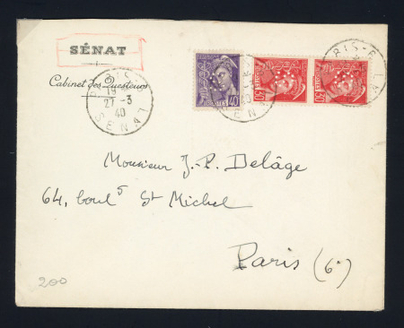 DEUXIEME GUERRE MONDIALE France n°412 en paire + 413 perforés "S" OBL CAD "Paris 6 Sénat" (27.3.40) sur lettre à en-tête du Sénat. TB.  