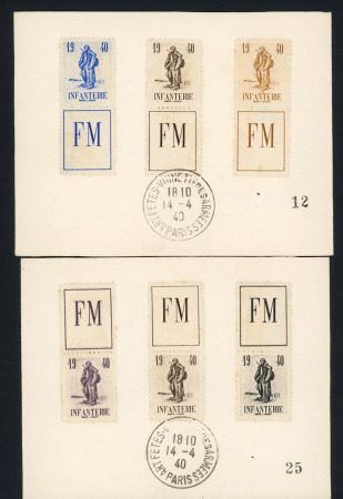 2 bristols avec 6 vignettes "FM Infanterie" de couleurs différentes et CAD "Art fêtes vignette des armées de Paris" (14.4.40). Ensemble rare et TB.  
