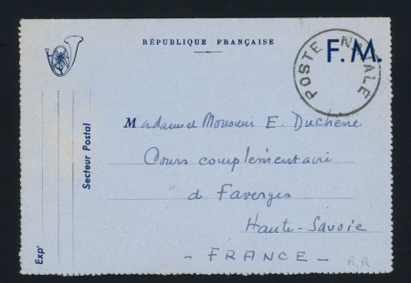 Carte lettre FM (cor de chasseur alpin) avec CAD "Poste navale" sans bloc dateur (datée du 24 avril 40 - expédition d narvik). TB.  