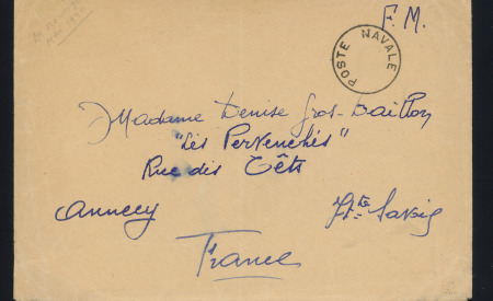 Lettre en franchise avec CAD "Poste navale" sans bloc dateur, datée du SP 17633 (expédition de Narvik). TB.  