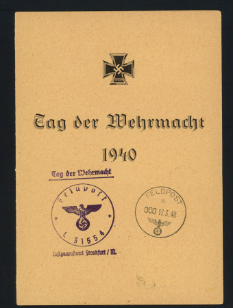 Encart allemand "Tag des Wehrmacht 1940" retraçant le parcours d'une unité allemande de France jusqu'en Tunisie et en Italie (1940 - 1944) avec 4 timbres (France - Italie - Libye - Tunisie) et divers cachets dont certa