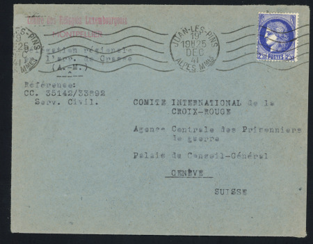 N°375A OBL mécanique "Juan les Pins Alpes Mmes" (19.12.41) sur lettre pour la Croix-Rouge de Genève avec griffe rouge "Centre des réfigiés Luxembourgeois Montpellier". TB.  