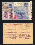 Légion étrangère : lettre recommandée de Beyrouth avec diverses réexpéditions et étiquette "service du vaguemestre légion Bel Abbès" (1942) + entier courrier officiel avec cachet rect rouge du bureau liquidateur