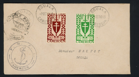 Cameroun n°251 + 254 OBL CAD "Douala Cameroun" (7 oct 43) sur lettre avec cachet noir avec ancre "FNFL Cameroun" adressée au gouverneur de La France Libre Sautot. TB