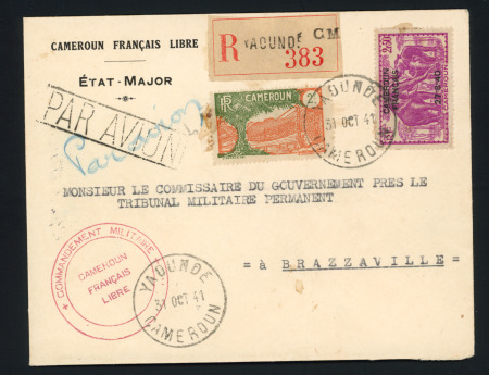 Cameroun n°129 + 229 OBL Yaounde (oct 1941) sur lettre recommandée avec en-tête "Cameroun français libre Etat-Major" et cachet rouge "Commandement militaire Cameroun français libre". TB.  