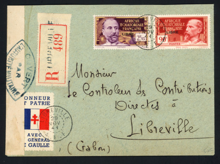 AEF n°114 + 121 OBL Libreville (1941) sur lettre recommandée censurée avec vignette "honneur et patrie avec le général de Gaulle". TB.  