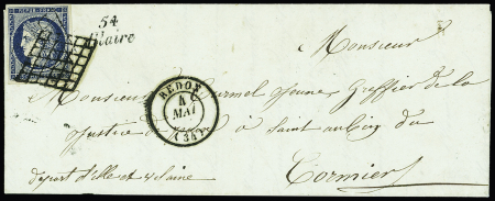 COLLECTION DE MARQUES POSTALES ET LETTRES CLASSIQUES DU MORBIHAN (2ème PARTIE) Allaire : N°4 OBL grille + cursive "54 Allaire" + T15 "Redon (34)" (1851) sur lettre, certificat RHP, ind 21. TB