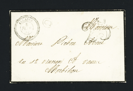 Petite env de deuil avec CAD T22 "Allaire (54)" (1854) + taxe 25 double-trait + boite rurale "C", ind 19. TB
