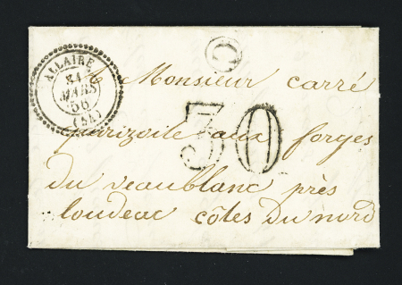 Lettre avec CAD T22 "Allaire (54)" (1856) + boite rurale C de Glenac. Ind 16. TB